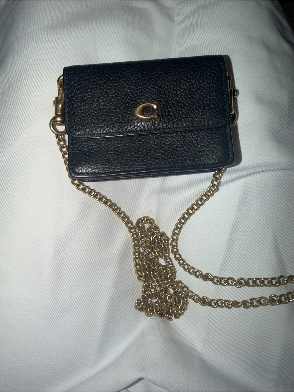 Black Pebbled Leather Crossbody Coin Bag with Gold Chain